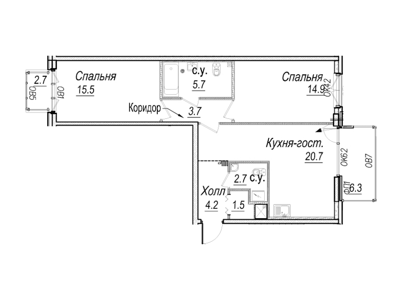 2-комнатная квартира 71.6 м², 3/8 эт., Комплекс апартаментов «Meltzer Hall»